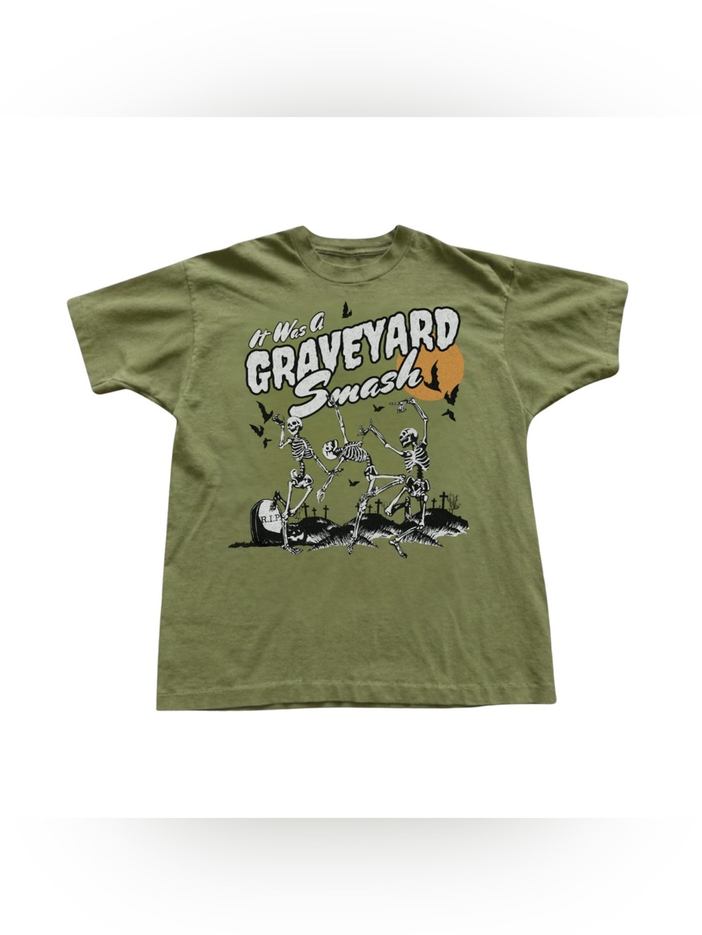 Military Green 'Graveyard Smash' Graphic Tee with Orange Moon